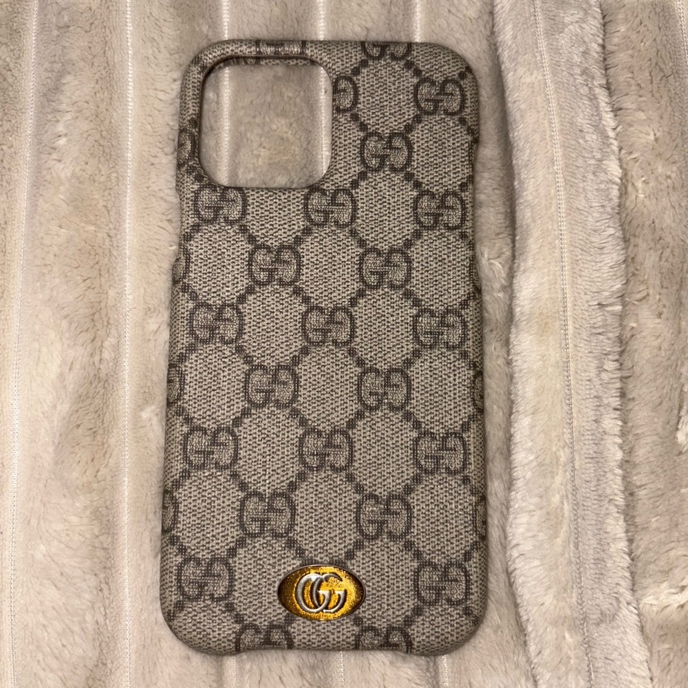 Gucci Monogram Gray Phone Case with Gold Accent